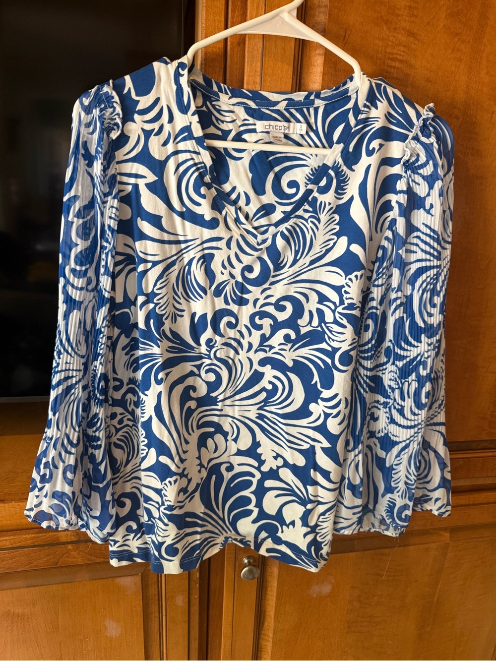Chico's Blue & White Swirl Print V-Neck Blouse with sheer bell sleeves